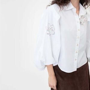 Tanya Taylor White Button Down Shirt with Embroidery